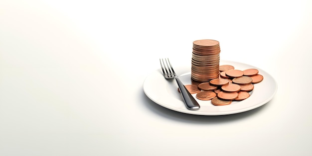 moedas de comissão de conceito de renda empresarial no prato com design de IA generativo de faca e garfo