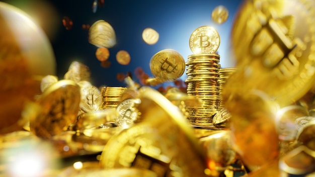 Moedas de criptomoeda Bitcoin cercadas por barras de ouro