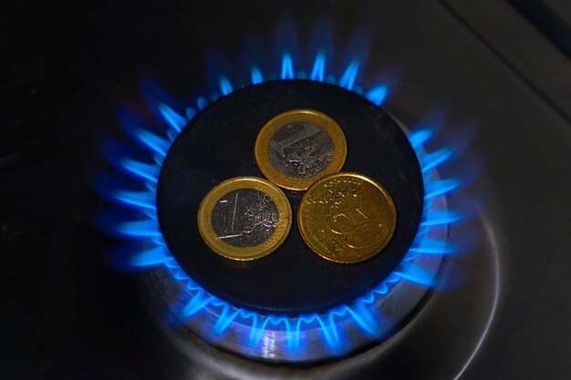 Moedas de euro com uma chama de gás azul em um fogão de cozinha Crise de gás Aumentando o custo de consumo de eletricidade e conceito caro de energia Aumento de preço da conta de serviços públicos Inflação anual Orçamento doméstico