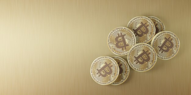 Moedas de ouro Bitcoin dispostas em uma linha e empilhadas no piso de madeira ilustração 3D