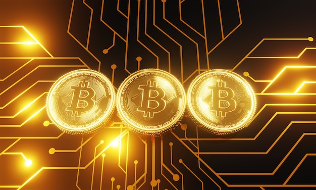Moedas de ouro com símbolo de bitcoin em uma placa-mãe