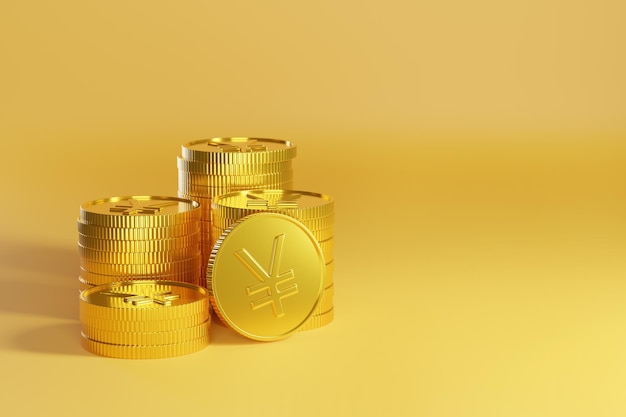 Moedas de ouro com sinal de yuanyen em fundo amarelo com ilustração 3d de espaço de cópia