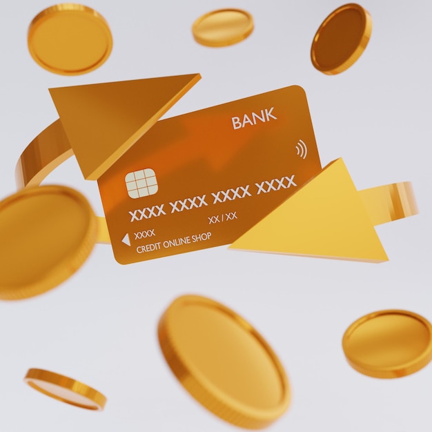 Moedas de ouro de cartão de crédito e ouro em finanças e comércio de fundo branco isolados Compras móveis