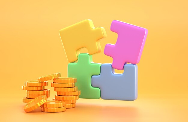 Moedas de ouro de pilha 3D com peças de quebra-cabeça coloridas em fundo amarelo Conceito de ideia de negócio ou equação problemas de dinheiro resolvendo sucesso financeiro lucrativo 3D render ilustração