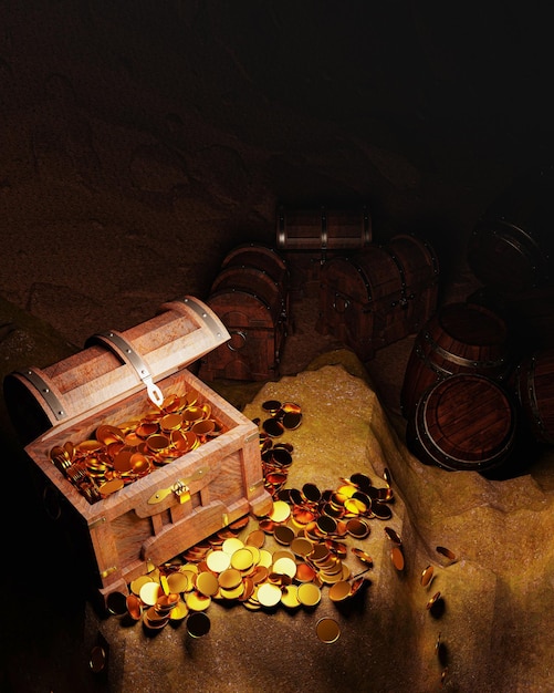 Moedas de ouro e baús de tesouro vintage feitos de painéis de madeira reforçados com metal dourado e alfinetes de ouro Caixas de tesouros colocadas na areia em uma caverna ou baús do tesouro subaquático Rendering 3D