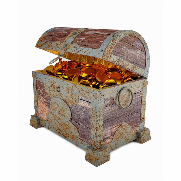 Moedas de ouro em cofre de tesouro de pirata antigo quebrado podre e quebrado armazenamento de objetos de valor feito de madeira rachada e textura de metal enferrujado isolado em fundo branco e papel de parede 3D Rendering