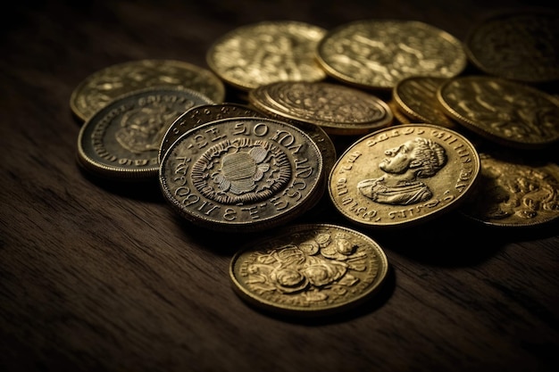 Moedas de ouro em uma mesa de madeira Símbolo de riqueza e dinheiro Fundo dourado