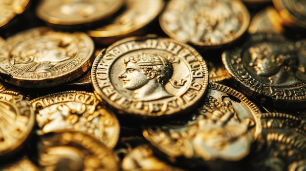 Moedas de ouro gregas e romanas antigas pilha de dinheiro antigo tema da Grécia riqueza antiguidade luxo tesouro de ouro e história