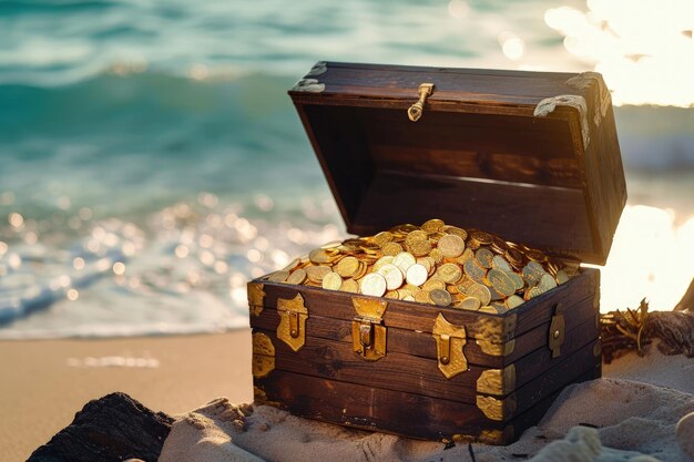 Foto moedas de ouro na praia