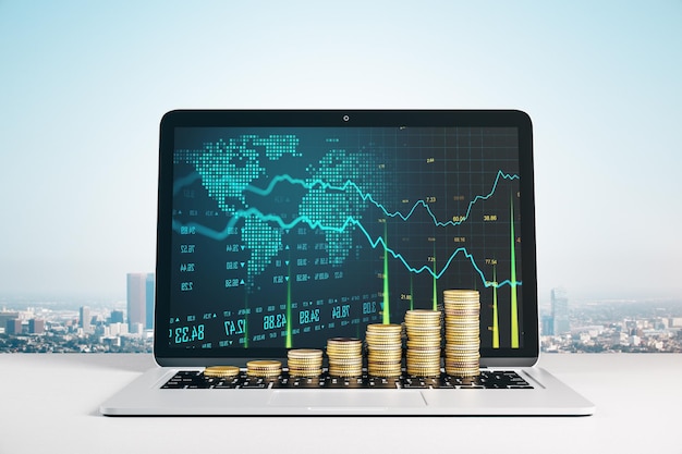 Foto moedas de ouro no teclado do laptop com gráficos de negócios brilhantes na tela no fundo da cidade conceito de lucro e comércio feche a renderização em 3d