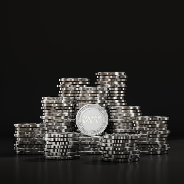 Moedas de prata NFT empilhadas em cena negra, moeda digital para promoção financeira e de troca de tokens. Renderização 3d