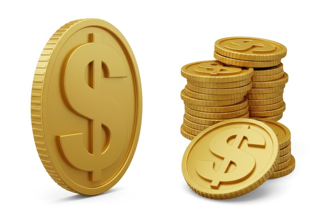 Moedas de um dólar em uma pilha isolada em fundo branco