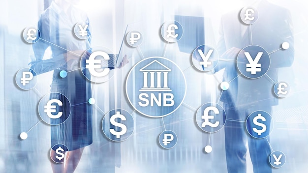 Moedas diferentes em uma tela virtual SNB Swiss National Bank