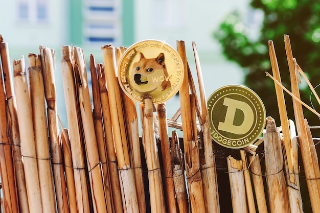 Foto moedas dogecoin em fundo de madeira em vista frontal de close-up