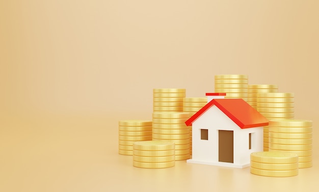 Moedas e casa com fundo pastel. Economize dinheiro nas finanças do negócio para comprar uma casa.