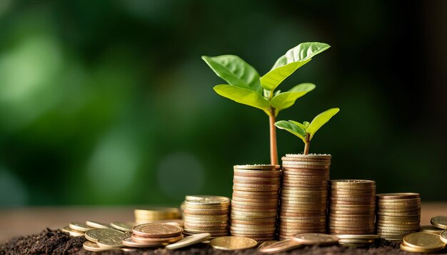 Moedas e plantas são cultivadas em uma pilha de moedas para finanças e serviços bancários Generative ai