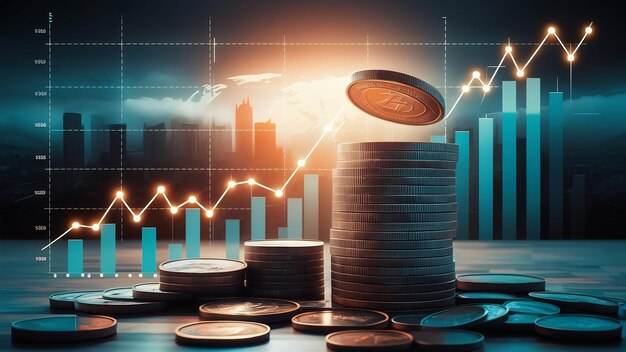 Foto moedas em uma mesa com uma cidade ao fundo e gráficos econômicos mostrando ganhos de preço ou inc de preço