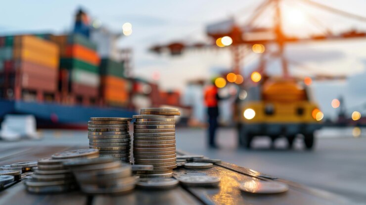 Moedas empilhadas em uma superfície de madeira com um porto movimentado ao fundo simbolizando investimento comercial e finanças globais