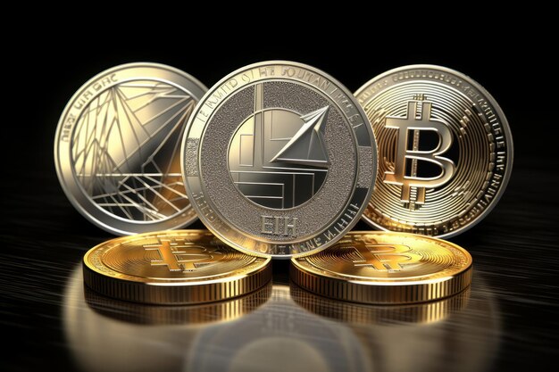 Foto moedas litecoin bitcoin ethereum criptomoeda