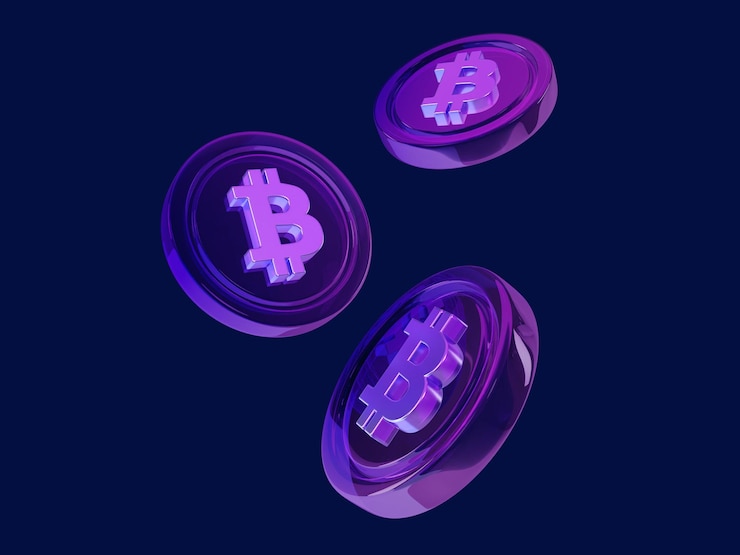 Foto moedas redondas 3d com um símbolo de bitcoin na parte superior