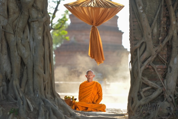 Mönch Buddhist an während des Sonnenaufgangs am Tempel, Thailand