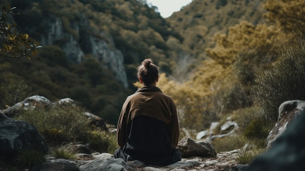 Mönch meditiert im Wald. Der Entspannungsprozess als Shinrin Yoku kann sowohl Erwachsenen als auch Kindern dabei helfen, Stress abzubauen und Gesundheit und Wohlbefinden auf natürliche Weise durch KI zu verbessern