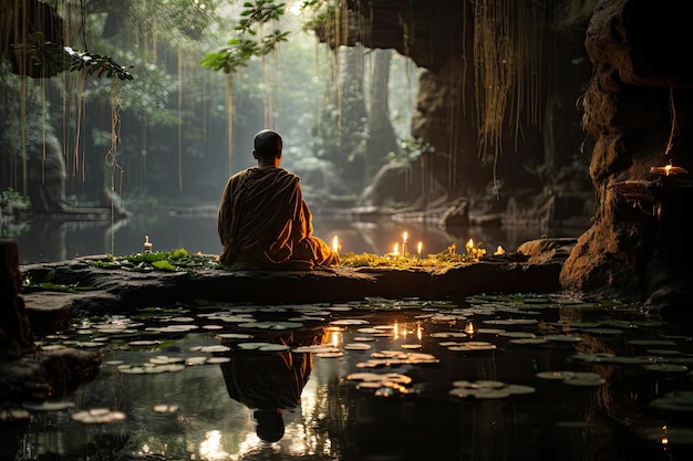 Mönch meditiert unter Baum im ruhigen Garten, generatives IA