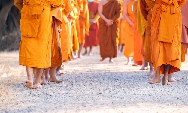 Mönche gehen zur Meditation, praktizieren religiöse Körperübungen, führen religiöse Zeremonien durch, kleiden sich und beten