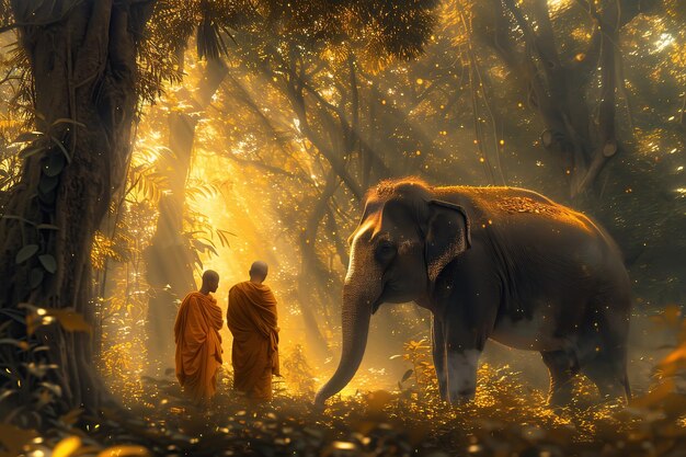 Mönche in einfachen Roben bewegen sich friedlich neben einem sanften Elefanten Generative Ai
