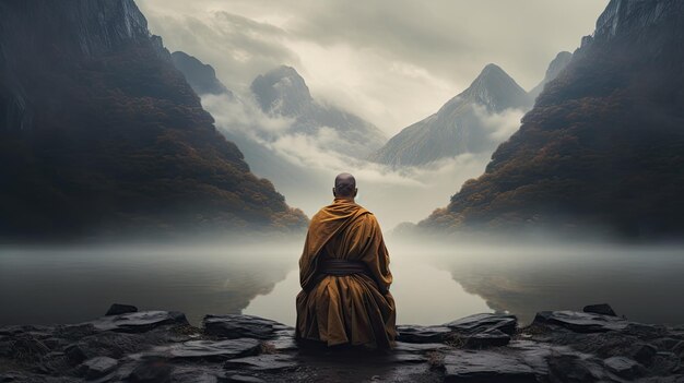 Mönche in Meditation tibetischer Mönch von hinten sitzt auf einem Felsen in der Nähe des Wassers zwischen nebligen Bergen