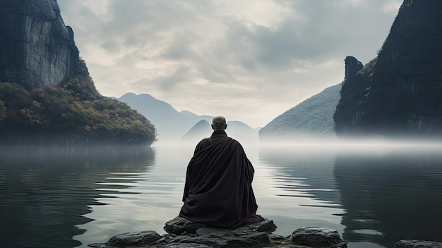 Mönche in Meditation tibetischer Mönch von hinten sitzt auf einem Felsen in der Nähe des Wassers zwischen nebligen Bergen