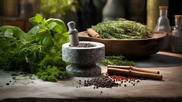 Mörtel mit aromatischen Küchenkräutern auf einem Holztisch