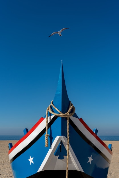 Möwe fliegt über den Bug eines Bootes vor Anker am Strand von Nazare in Portugal