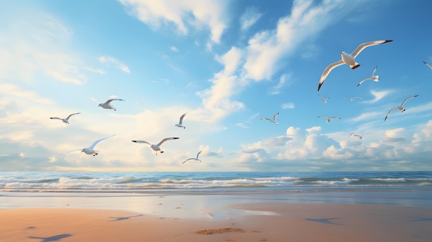 Möwen fliegen am Himmel über einem Sandstrand