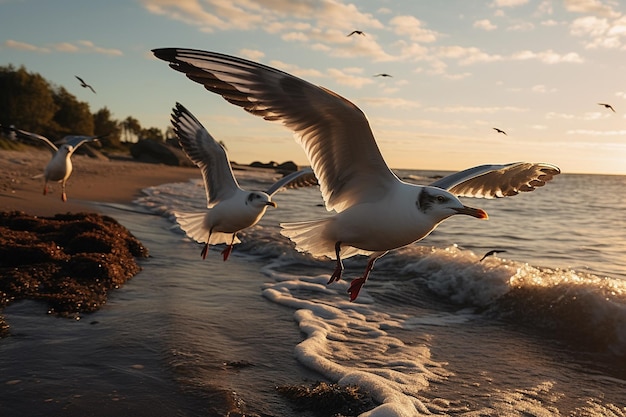 Möwen fliegen bei Ebbe über die Küste