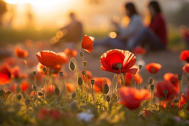 Mohnblume mit einer Gruppe von Leuten, die in der Nähe ein Picknick machen