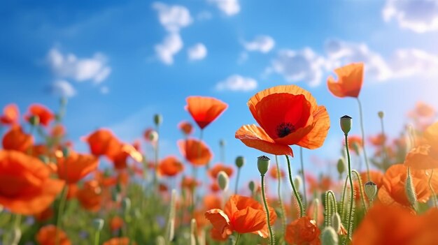 Mohnblumen mit morgendlichem Taus, Wassertropfen auf wilde Feldbienen und Schmetterlinge