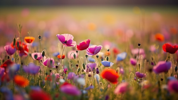 Mohnfeld bei Sonnenuntergang mit einem zarten Bokeh-Effekt, der eine traumhafte Szene erzeugt