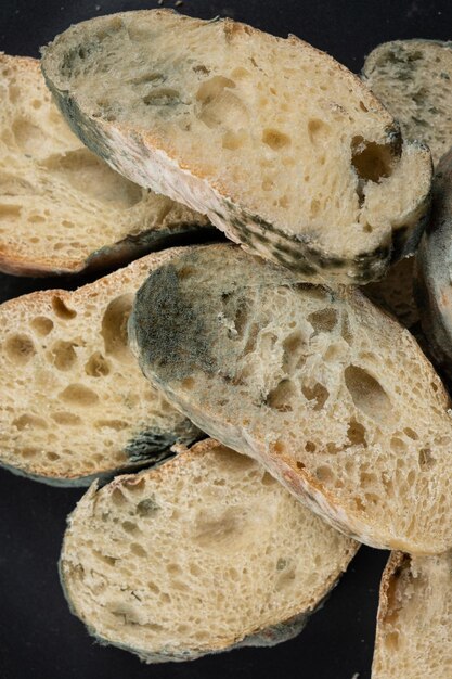 Moho en el pan en un primer plano de fondo negro El peligro de los productos rancios de moho