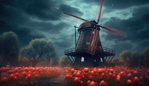 Foto moinho de vento com tulipas vermelhas no céu noturno escuro no estilo de sketchfab