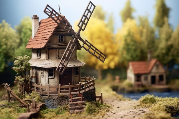 Foto moinho de vento em miniatura artesanal num cenário rural criado com ia generativa