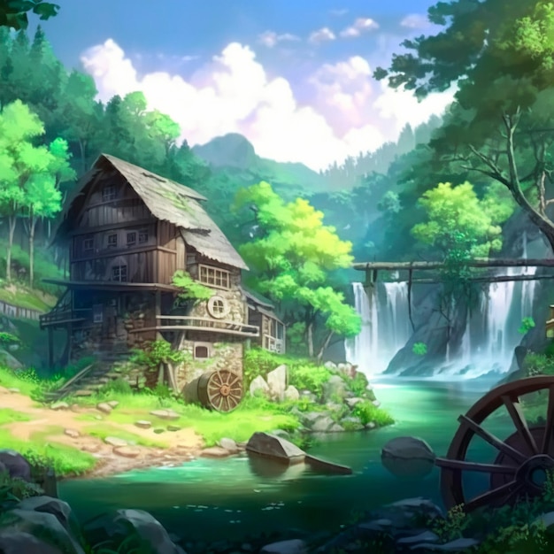 Fundo de anime com uma floresta e uma lagoa