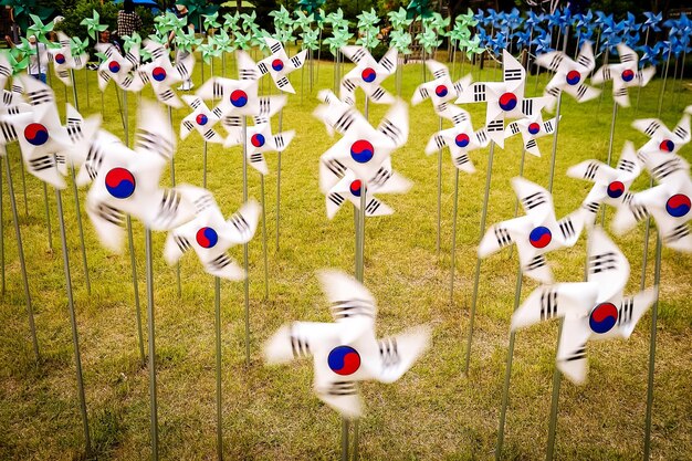 Foto moinhos de vento com bandeira coreana
