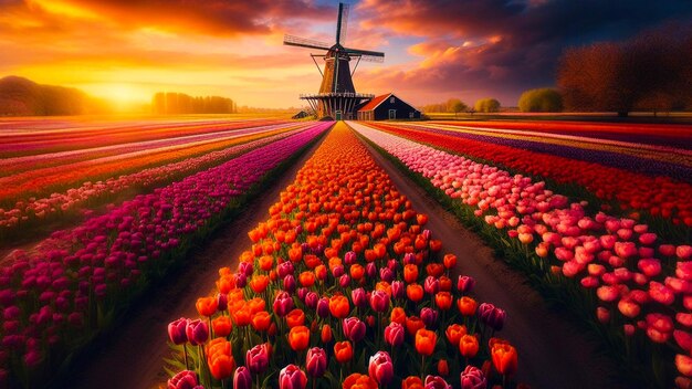 Moinhos de vento holandeses emoldurando o espetáculo de tulipas da primavera