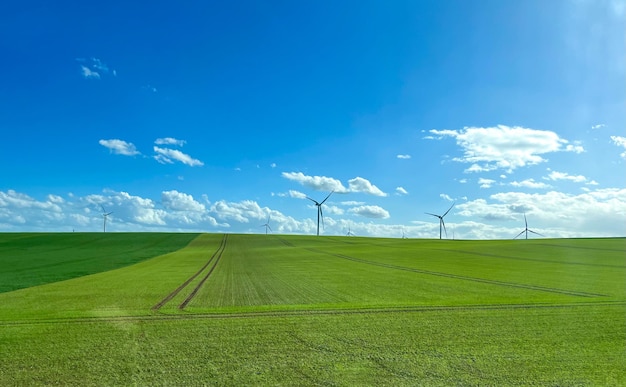 Moinhos de vento no fundo de um campo verde e um céu azul nublado