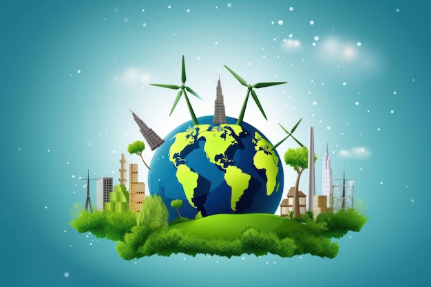 Moinhos de vento numa paisagem verde que oferecem eletricidade natural sustentável