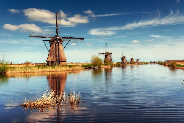 Moinhos holandeses tradicionais do canal Rotterdam. Holanda