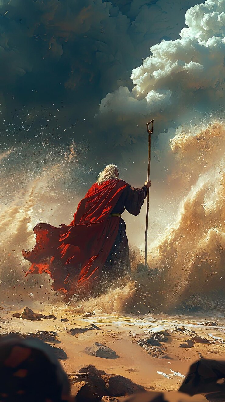Foto moisés está com o bastão batendo no chão quando o mar vermelho começa a se dividir criando uma cena dramática de ondas e nuvens giratórias a atmosfera está cheia de tensão e temor