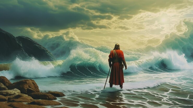 Foto moisés mirando fijamente al mar rojo antes del milagro escena bíblica icónica
