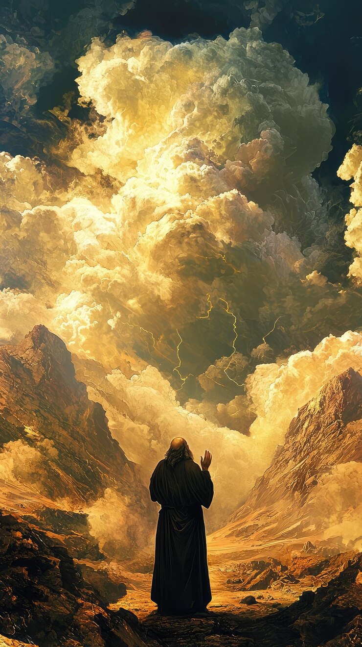 Foto moisés orando en el monte sinaí con nubes de trueno rodando rodeado de majestuosas montañas y cielos dramáticos evoca un sentido de temor y reverencia